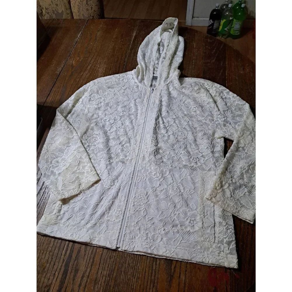 Small Size 4 Chicos Size 0 Cream Ivory Long Sleeve Zip Lace Hoodie Hooded Jacket